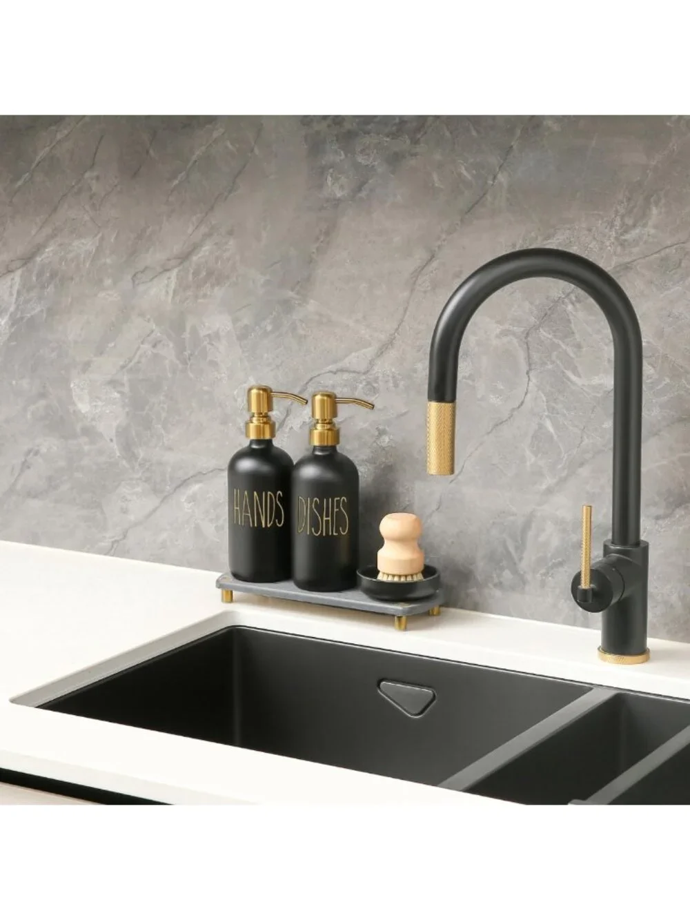 Stylish Soap Dispenser Set with Stainless Pumps, Dry Tray & Dish Scrub Brush